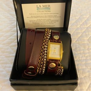 La MER Gold Chain & Burgundy Leather Wrap Watch